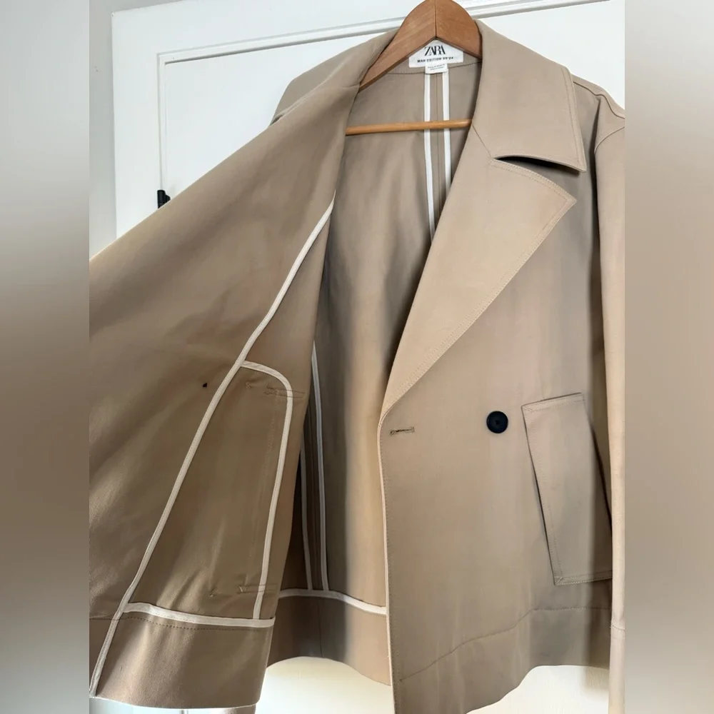 Zara Man Edition Short Trench Coat Jacket 100% Cotton Khaki Tan Medium - Picture 10 of 11